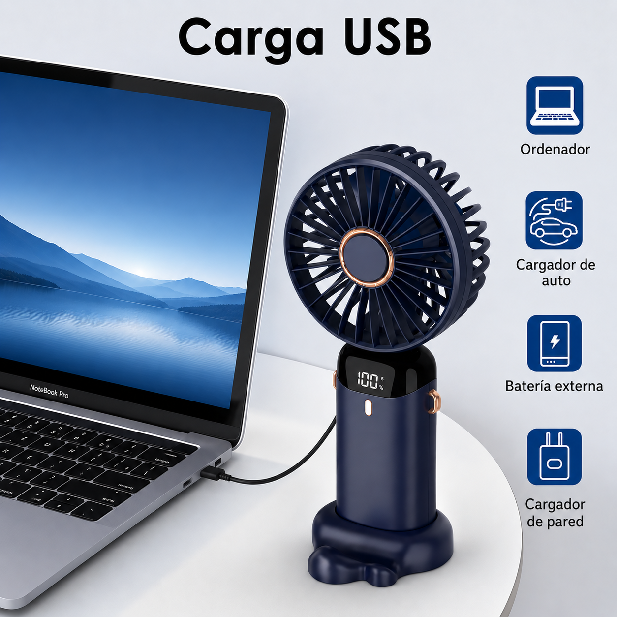 Mini Ventilador Portátil USB 5000mAh - 5 Velocidades, Pantalla LED, Plegable